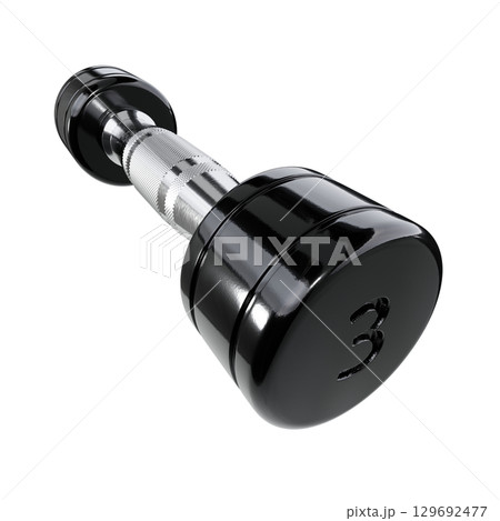 Round Chrome Dumbbell with number 3, weightlifting gym equipment wide angle view 129692477