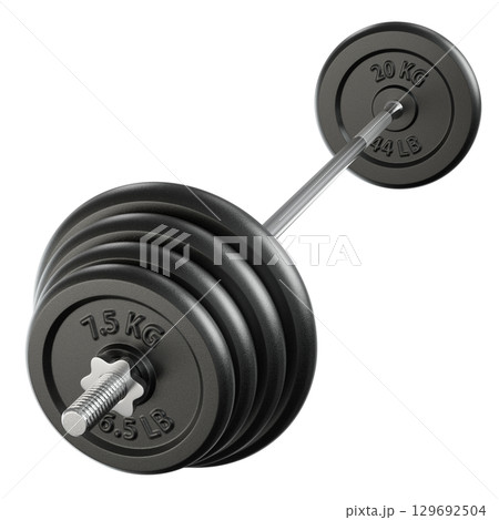 Cast Iron Adjustable Barbell with plates, weightlifting gym equipment, side view Cast Iron Adjustable Barbell with plates, weightlifting gym equipment, side view 129692504