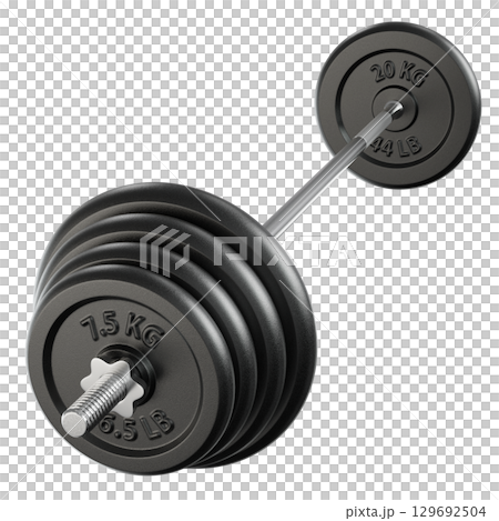 Cast Iron Adjustable Barbell with plates, weightlifting gym equipment, side view Cast Iron Adjustable Barbell with plates, weightlifting gym equipment, side view 129692504