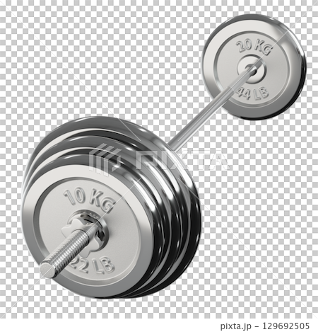 Cast Iron Adjustable Barbell with plates, weightlifting gym equipment, side view 129692505