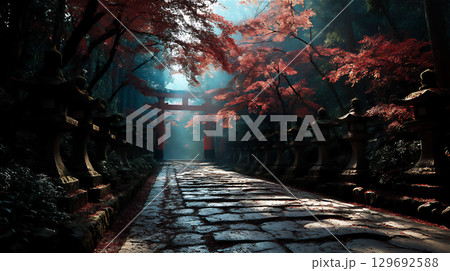 紅葉に包まれた神社の参道 紅葉に包まれた神社の参道 129692588