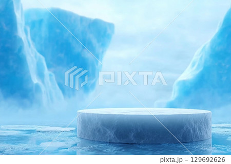Glacier ice podium for mockup display or presentation of products. Advertising theme concept. Glacier ice podium for mockup display or presentation of products. Advertising theme concept. 129692626