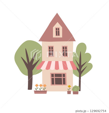 Central cafe building. Summer terrace, restaurant poster. Cute architectural background. Vector flat illustration 129692754