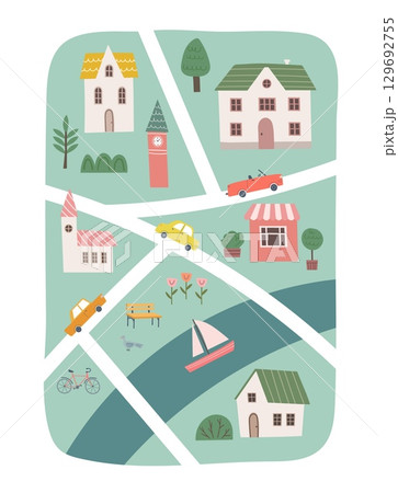 Cute town map for kids design. Hand drawn vector illustration. Baby poster with cartoon roads, city, forest and river. Nursery concept for bedding 129692755