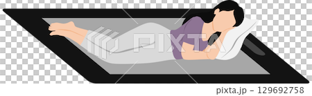 Illustration of a woman falling asleep using a smartphone 129692758