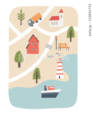 Cute town map for kids design. Hand drawn vector illustration. Baby poster with cartoon roads, city, lighthouse and sea. Nursery concept for bedding 129692759