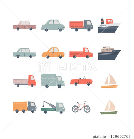 Hand drawn set of cute vehicles for kids design. Urban road transport vector illustration. 129692762