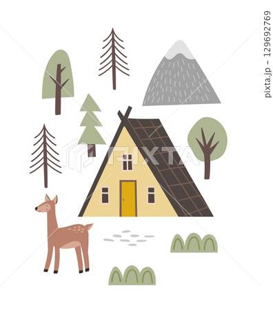 Forest house booking and rent. Modern apartments for rest on nature, mountain lodge at national park area, camping. Hand drawn doodle scandinavian style. Vector hotel poster 129692769