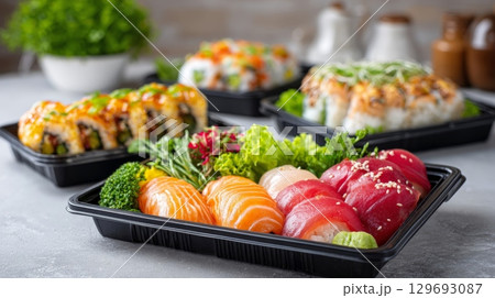 Assorted sushi and rolls in black takeaway containers, featuring tuna, salmon, scallops, and various maki rolls, with greenery and wasabi 129693087