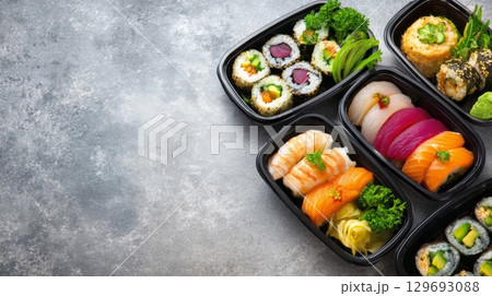Assortment of sushi and sashimi in black containers on a gray background, including rolls, nigiri with salmon, tuna, and shrimp, and a side of wasabi 129693088