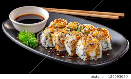 black plate holds a row of sushi rolls, garnished with sesame seeds and sauce, alongside a bowl of soy sauce, parsley, and chopsticks 129693089