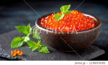 bowl of red caviar, garnished with fresh green mint, sits on a dark slate surface, with a few loose caviar pearls 129693090