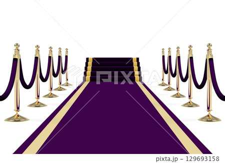 Black purple carpet on stairs with ropes on golden stanchions 129693158