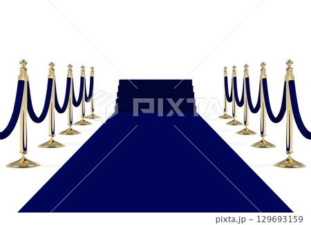 Black blue carpet on stairs with ropes on golden stanchions 129693159
