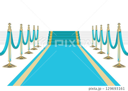 Teal carpet on stairs with ropes on golden stanchions Teal carpet on stairs with ropes on golden stanchions 129693161