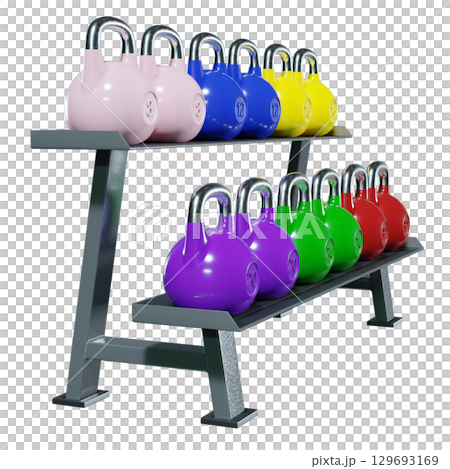 Gym rack with different Olympic kettlebells, cast iron powerlifting equipment 129693169