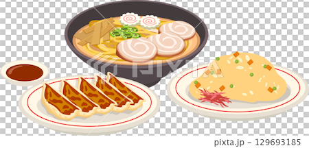japanese style lunch set featuring a hot ramen bowl pan fried dumplings and egg fried rice 129693185