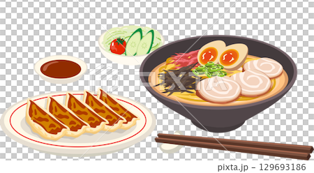 japanese lunch set with ramen noodles gyoza dumplings salad and dipping sauce 129693186