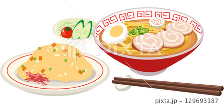 japanese lunch set with ramen noodles fried rice and salad vector illustration asian cuisine meal cartoon 129693187