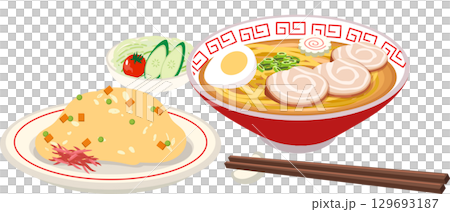 japanese lunch set with ramen noodles fried rice and salad vector illustration asian cuisine meal cartoon 129693187