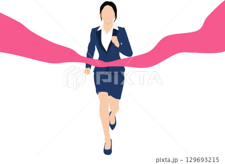 1位でゴールテープを切った女性のイラスト	 129693215