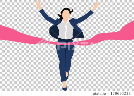 1位でゴールテープを切った女性のイラスト	 129693232