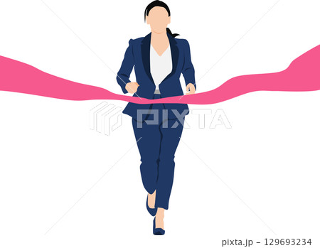 1位でゴールテープを切った女性のイラスト	 129693234