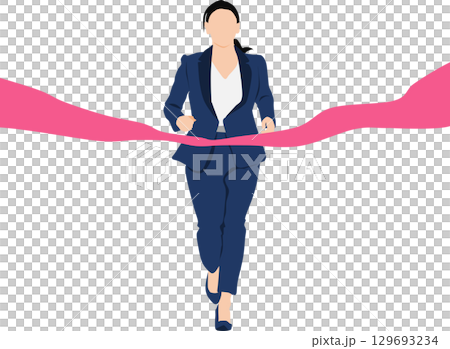 1位でゴールテープを切った女性のイラスト	 129693234