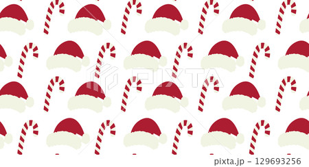 Striped Candy Cane and Santa Hats Seamless Pattern Banner Format Christmas or New Year Festive Fond 129693256