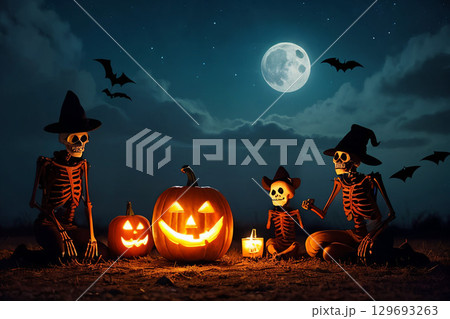 ハロウィンナイト、かぼちゃ、骸骨、こうもり ハロウィンナイト、かぼちゃ、骸骨、こうもり 129693263