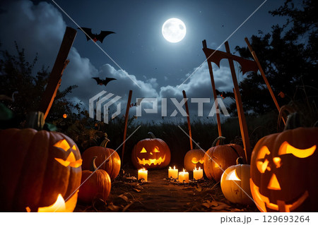 ハロウィンナイト、かぼちゃ、こうもり 129693264