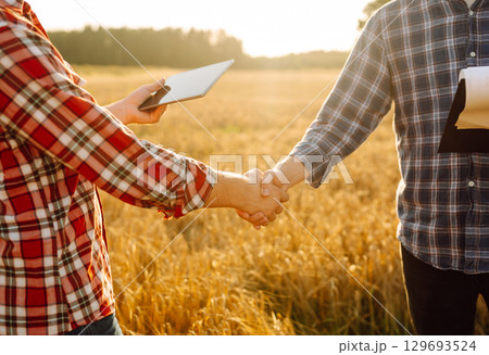 Handshake, joint work of farmers. Two farmers making agreement with handshake in wheat field. Handshake, joint work of farmers. Two farmers making agreement with handshake in wheat field. 129693524