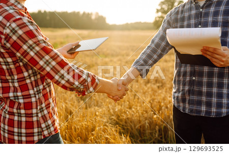 Handshake, joint work of farmers. Two farmers making agreement with handshake in wheat field. Handshake, joint work of farmers. Two farmers making agreement with handshake in wheat field. 129693525