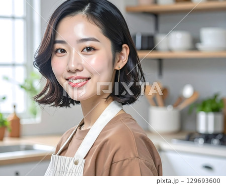 家事をこなす可愛い主婦の幸せそうな表情 129693600