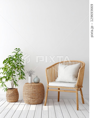 Cozy corner featuring a wicker chair, plant, and decorative elements in a minimalist boho interior. Blank white wall for mockup. 129693669