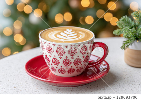 Christmas coffee in a festive cup with beautiful foam art displayed on a table near a decorated tree with twinkling lights 129693700