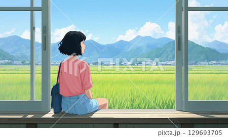 Young woman enjoys calm lo fi illustration of serene rice fields viewed from a window on a bright sunny day in a peaceful countryside outside a small village 129693705