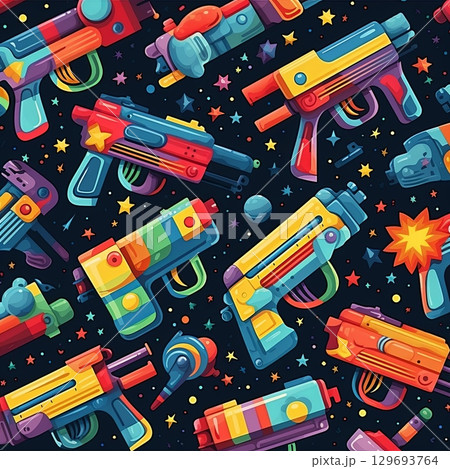Retro Futuristic Weaponry Colorful Sci-Fi Blasters and Ray Guns Pattern Design 129693764