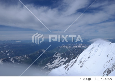 Tranquil Lake With Lush Green Forest, Snow-Capped Mountain, Blue Sky And White Clouds Tranquil Lake With Lush Green Forest, Snow-Capped Mountain, Blue Sky And White Clouds 129693809
