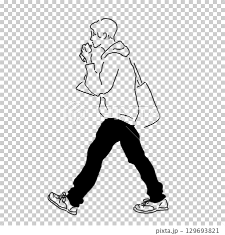 横向きの男性がゼリー飲料を飲みながら教科書を持って歩くイラスト（パーカー・デニム・スニーカー・トート 129693821