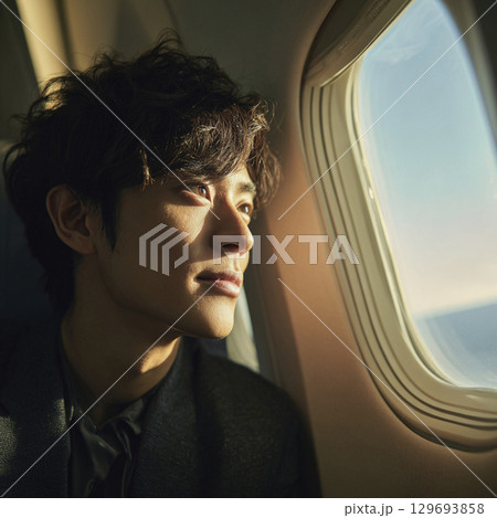 飛行機の窓から外を見つめる日本人男性  飛行機の窓から外を見つめる日本人男性  129693858