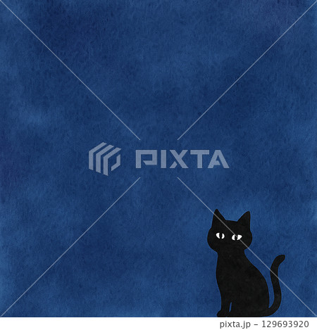 水彩ハロウィン背景　夜空に座る黒猫　イラスト素材 129693920