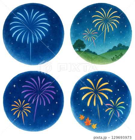 水彩花火イラストセット　夜空　夏祭り　丸型デザイン　イラスト素材 129693973