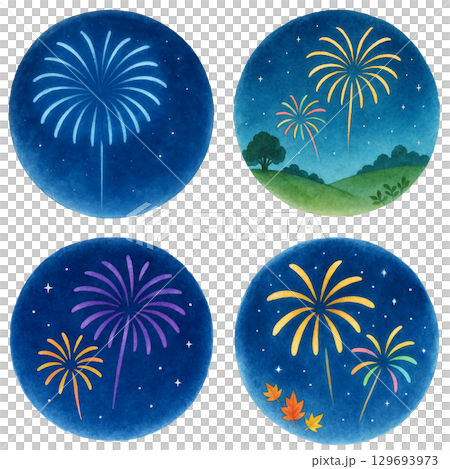 水彩花火イラストセット　夜空　夏祭り　丸型デザイン　イラスト素材 129693973