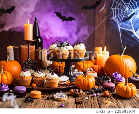 ろうそくとカボチャに囲まれたハロウィンスイーツ 129693974