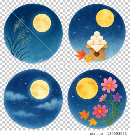 水彩賞月插畫集:滿月、蒲葦、團子、波斯菊、秋夜空。插畫素材 水彩賞月插畫集:滿月、蒲葦、團子、波斯菊、秋夜空。插畫素材 129693988