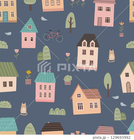 Seamless pattern with cute town elements. Small tiny houses, trees, cats, cafe vector illustration. Flat design. Hand draw style. 129693992