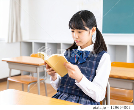 教室で本を読む女子学生 教室で本を読む女子学生 129694002