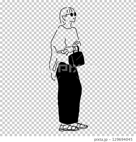 Fashion illustration of a woman wearing sunglasses and holding a bag (wide pants, sandals, casual clothes) 129694045