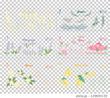 洋甘菊、快樂鼠尾草、橙花油、杜松油、玫瑰油和依蘭油的精油插圖 129694130
